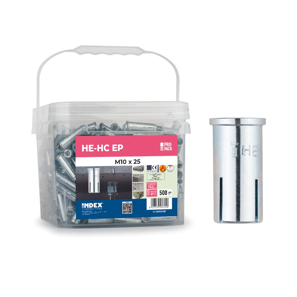 HE-HC EP [CP] Anclaje hembra con cono interior para grandes cargas. Versión corta. Zincado. Homologado ETE Aplicaciones no estructurales. Bote de plástico